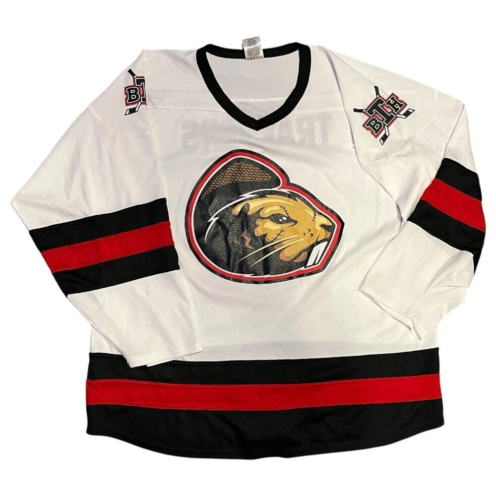 Beaver Trappers Hockey BTH Jersey No. 18 Athletic Knit AK‎ White Black Red XL